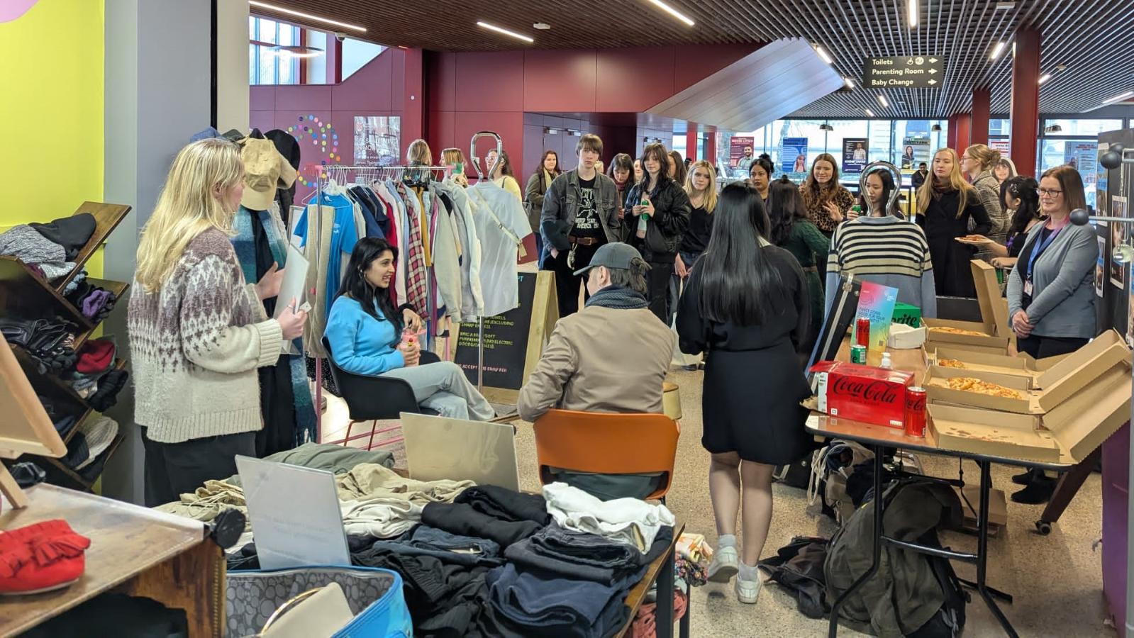 Students gathered at a Sustainable Fashion event at The Pantry